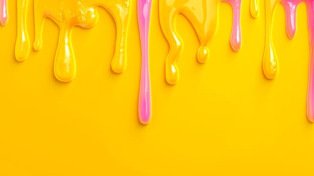 Abstract background of bright yellow with pink paint drips creating a dynamic contrast