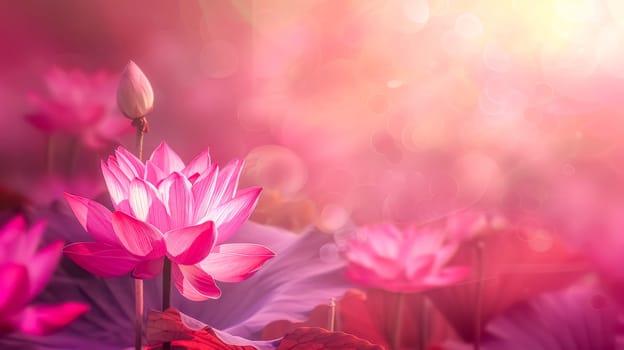 Pink lotus flowers bloom against a bokeh background of warm light