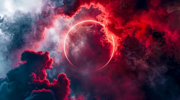 Surreal image depicting a red solar eclipse surrounded by billowing nebula clouds, perfect for cosmic backdrops
