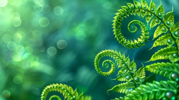 Close-up of fresh green ferns displaying spiral patterns and morning dew