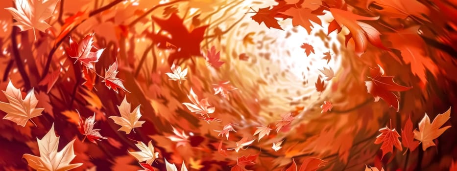 Abstract representation of autumn leaves caught in a swirling wind pattern with warm tones