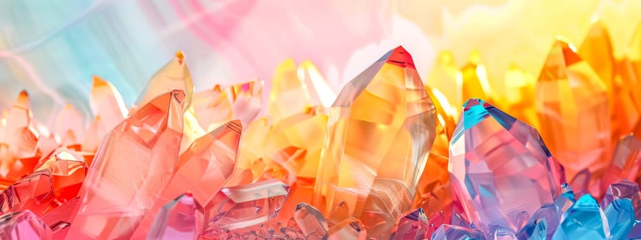 Vibrant and colorful rainbow crystal landscape panorama with prismatic and translucent formations. Creating a magical and fantasy-like abstract background of gemstones and luxurious gem textures
