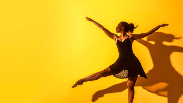 Silhouette of a young female dancer in a dynamic pose on a vibrant yellow backdrop