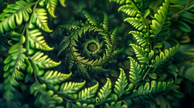 Lush green fern spiral with vibrant foliage and organic fractal pattern in nature garden environment