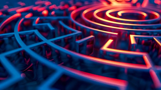 Abstract neon-lit maze with a circular design, conceptualizing challenges and problem-solving