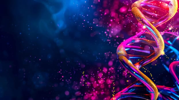 Vibrant 3d illustration of a dna helix with a cosmic background