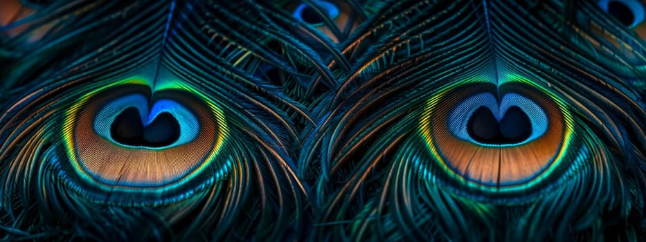 Close-up macro photography of iridescent peacock feathers showcasing vibrant colors and intricate natural patterns with a shimmering, detailed texture