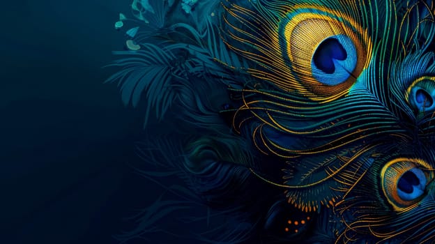 Vibrant peacock feathers with exquisite details against a deep blue backdrop