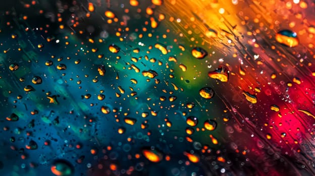 Close-up vibrant raindrops on glass surface with colorful water droplets creating a mesmerizing and abstract macro texture. Reflecting a blurred background with a rainbow of colors and a shiny