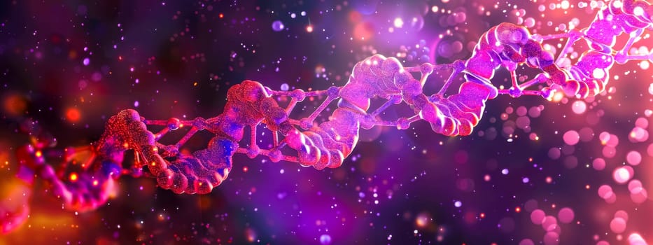 3d illustration of a glowing dna helix with a sparkling, colorful universe backdrop