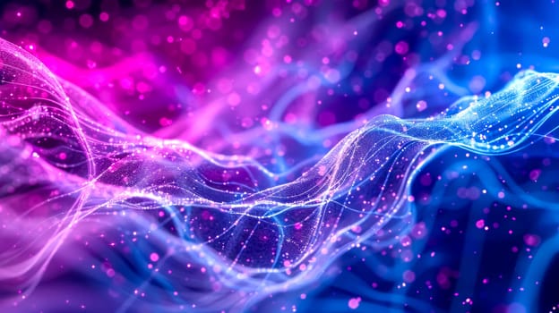 Abstract digital backdrop with vibrant neon waves and glowing particles