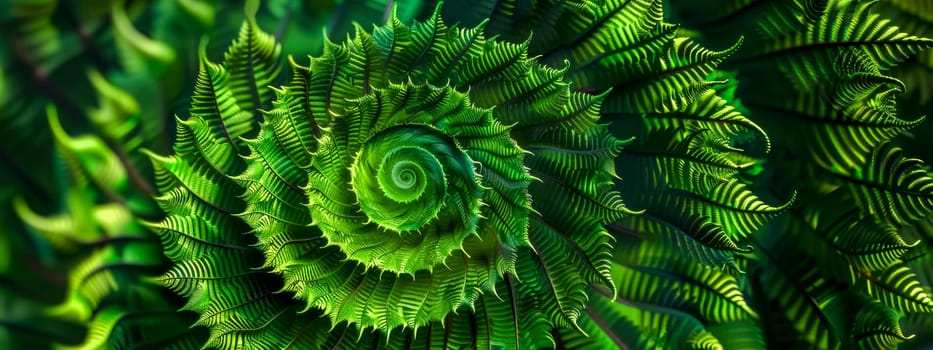 Detailed macro photo showcasing the natural spiral pattern of a vibrant green fern