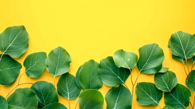 Flat lay of fresh green leaves arranged against a vivid yellow backdrop