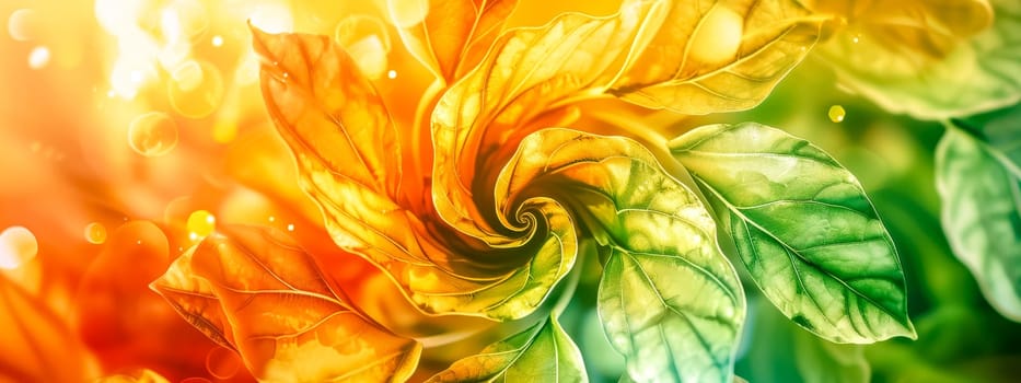 Vibrant and dynamic swirling spiral leaf abstract with warm and radiant colors. An artistic digital art botanical design. Perfect for backdrops. Wallpapers. And decorations