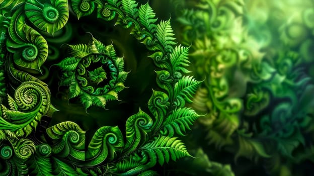 Digital art depicting lush fern fractals in a vibrant green hue, ideal for a mystical background