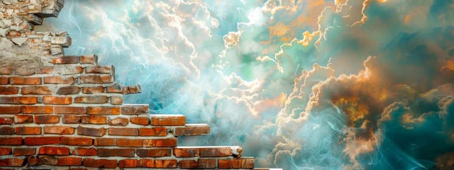 Surreal image of an old brick staircase leading up to a vibrant, cloudy sky with ethereal lighting