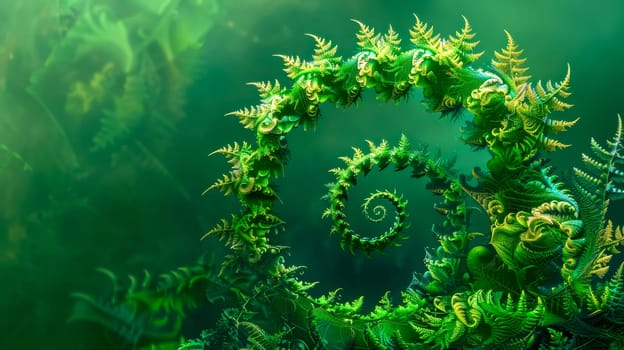 Digital artwork of a mystical sea world with swirling green coral formations on a vibrant background