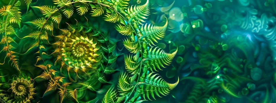 Digital art of lush fern leaves with sparkling bokeh effects in vibrant green hues