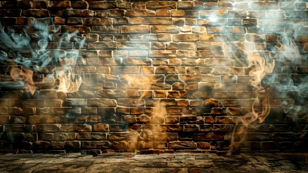Ephemeral tendrils of smoke swirl in a mysterious dance in front of a warm, textured brick backdrop