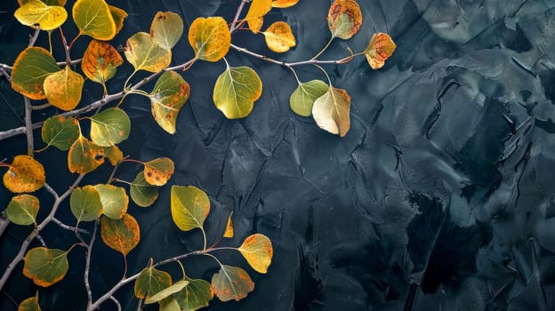 Golden autumn leaves contrast against a dark, textured surface in a serene nature-inspired composition