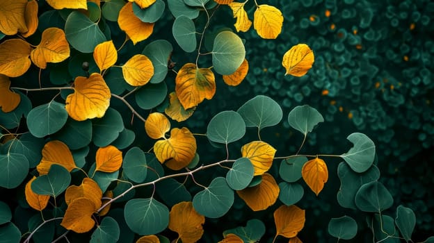Vibrant yellow and green leaves with a moody, dark green background