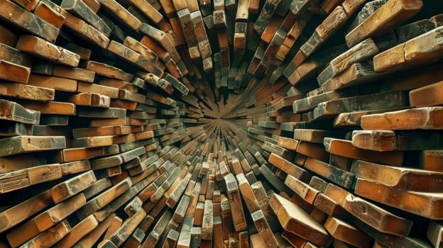Captivating perspective view looking through a tunnel made of stacked wooden bricks