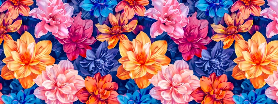 Vibrant and colorful seamless floral pattern background with a variety of bright flowers, perfect for textile design, wallpaper, and artistic decoration