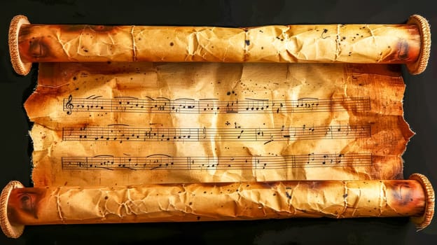 Vintage musical manuscript on aged parchment, rolled on both ends