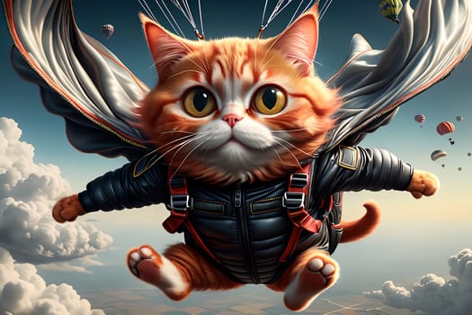 red cat in a jacket flies in the sky, parachuting, playing sports . AI generated image.