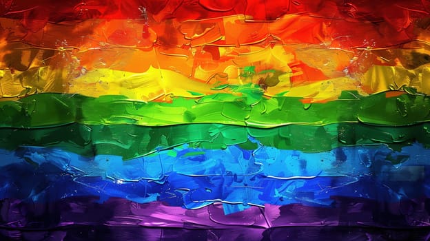 A detailed view of a rainbow flag painted on a glass surface, showcasing the vibrant colors of the LGBT pride symbol. The flag appears to be displayed for Pride Month celebrations.