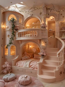 An interior design event showcasing a bedroom with a castlethemed bed and stairs made of amber wood. The room features arch decorations and a ceiling reminiscent of holy places