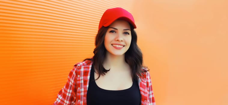 Summer portrait of happy smiling young woman posing in red baseball cap, casual clothes on city street