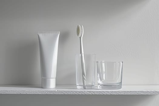 mockup tube of toothpaste and toothbrush inside a glass on a bathroom shelf.