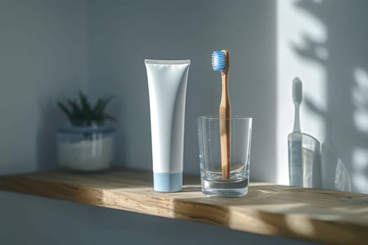 mockup tube of toothpaste and toothbrush inside a glass on a bathroom shelf.