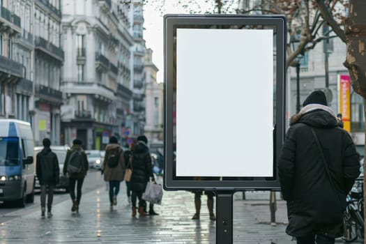 Blank advertising poster banner mockup on busy street, advertising concept.