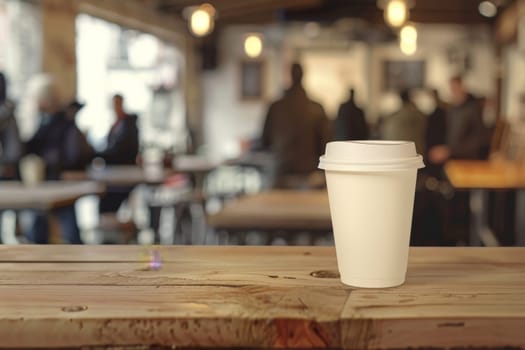 mockup of an empty cup on a coffee shop wood counter with people on the background.