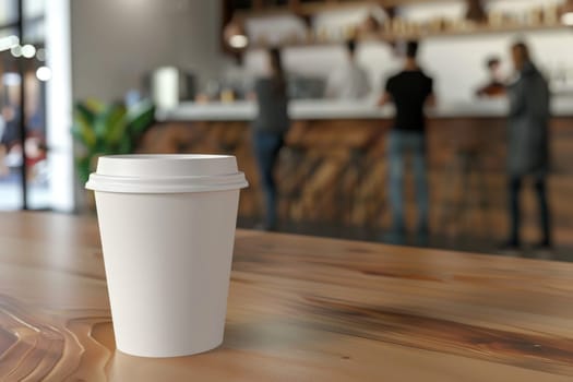 mockup of an empty cup on a coffee shop wood counter with people on the background.