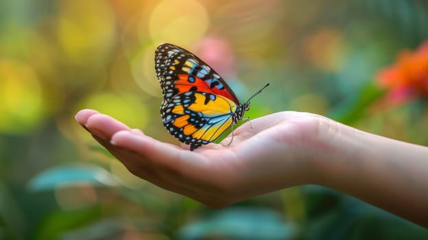 A hand releasing a brightly colored butterfly, Butterfly Resting on a Hand.