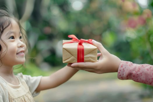 Close up of hand child giving gift to mother hand, Happy mother's day.