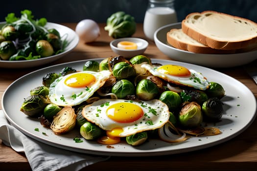 pieces of roasted Brussels sprouts with fried eggs, with fried onions