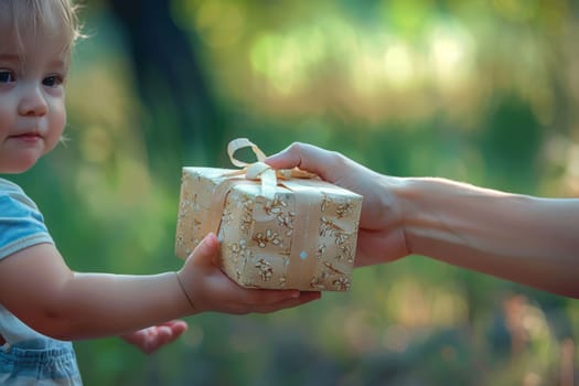 Close up of hand child giving gift to mother hand, Happy mother's day.