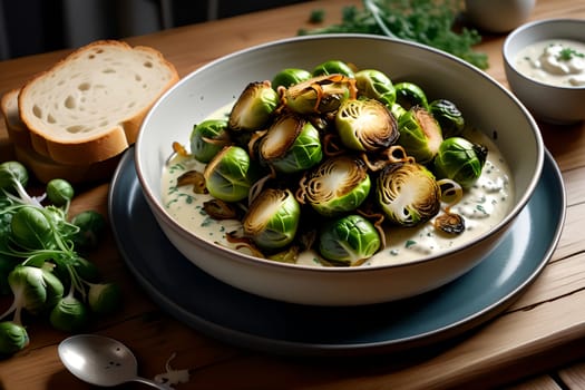 pieces of roasted Brussels sprouts with sauce, with fried onions sliced into rings