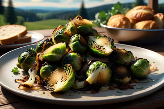 pieces of roasted Brussels sprouts, with fried onion rings