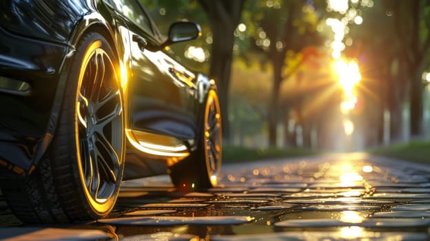 Summer tires on the asphalt road in the sun time for summer tires, car and sunset.