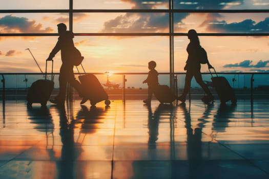 Family travel inside an airport terminal, Family Trip for Summer vacation.