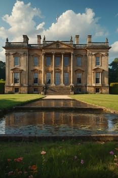 A photo showcasing a grand building surrounded by a fountain.