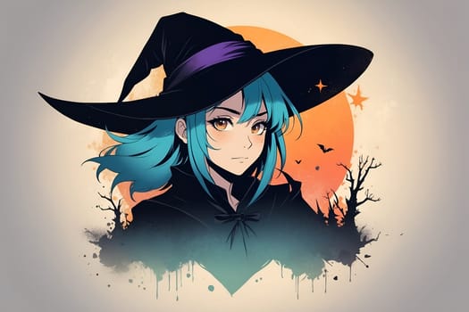 A woman with vibrant blue hair stands confidently, wearing a witches hat and expressing her unique style.