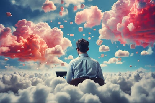 A man sitting on a cloud, using a laptop placed on his lap.