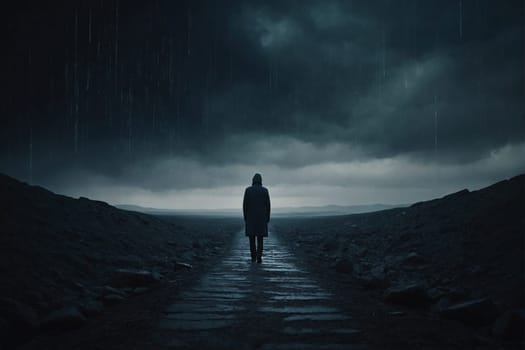 A person stands alone in the middle of a dimly lit road at night, surrounded by darkness.