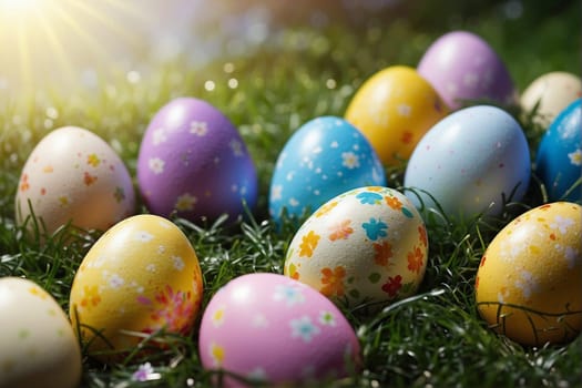 A bunch of vibrant and decorated Easter eggs scattered across the green grass.
